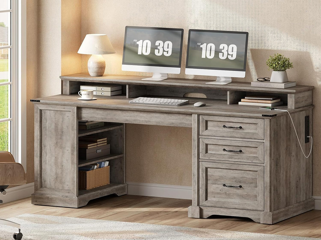 RALGEND 55'' Farmhouse Executive Desk with Drawers, Home Office Desk with File Cabinet and Storage Shelf, Charging Station, Computer Desk with Monitor Stand, Writing Gaming Desk, Greige