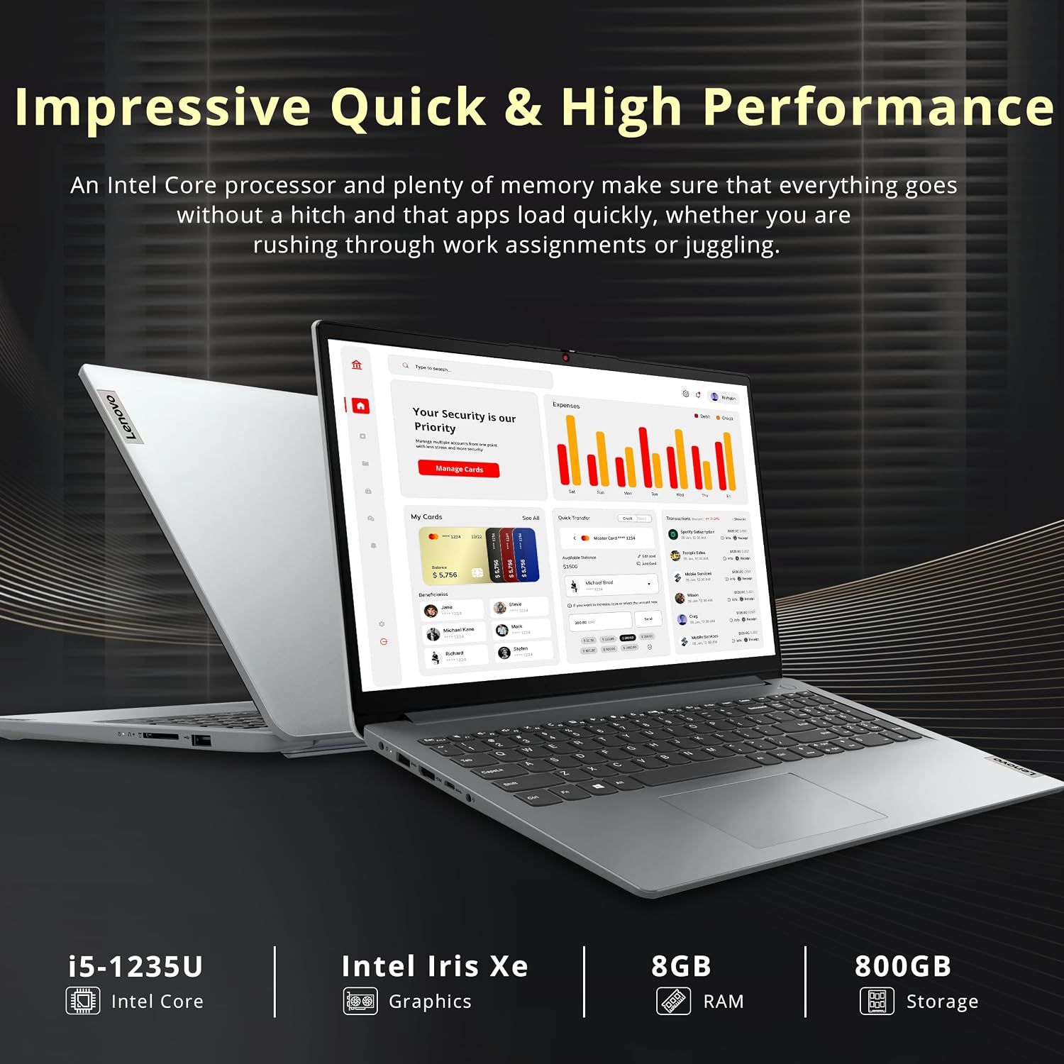 Lenovo IdeaPad 1i 15.6' FHD Business Laptop, Intel i5-1235U, 8GB RAM, 800GB Storage(512GB SSD+288GB Docking Station Set), Intel Iris Xe Graphics, Num Pad, 720p Webcam, WiFi 6, Win 11 Pro, Gray