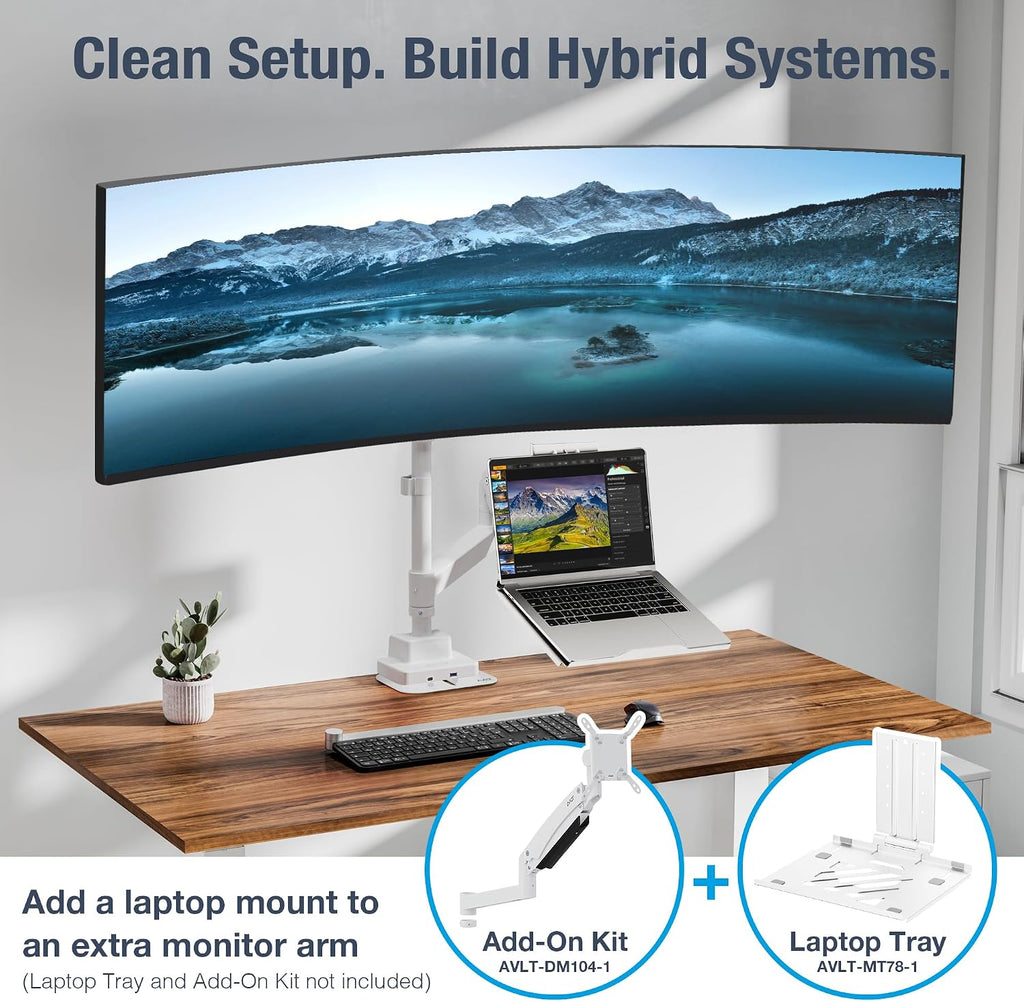 AVLT Single 57 Inch Heavy Duty Monitor Arm Pole Top Mount with USB-C&A Ports-White, Height Adjustable, Easy Install Top C-Clamp/Grommet with Reinforcement Plates, VESA Compatible 200/100/75