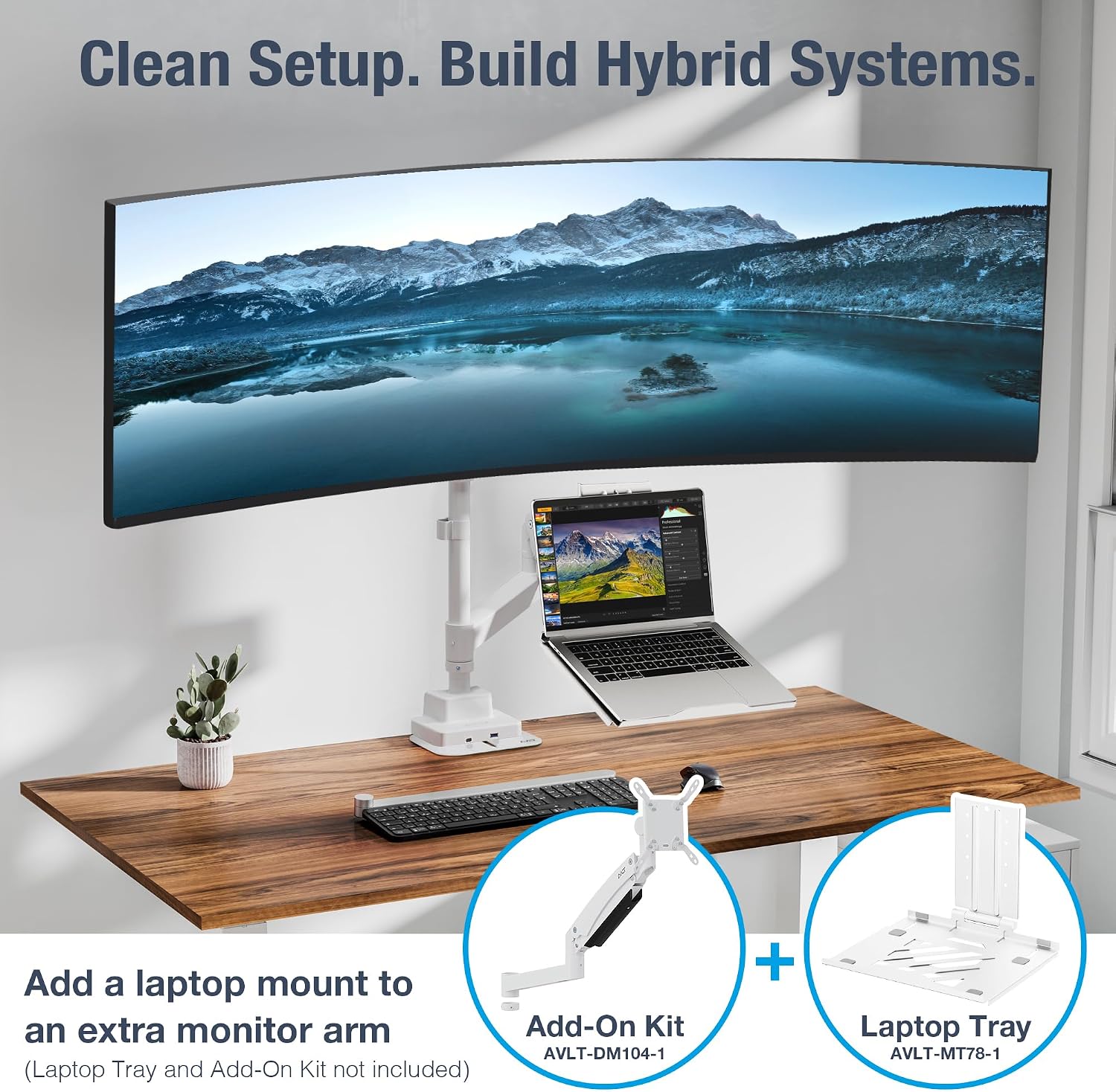 AVLT Single 57 Inch Heavy Duty Monitor Arm Pole Top Mount with USB-C&A Ports-White, Height Adjustable, Easy Install Top C-Clamp/Grommet with Reinforcement Plates, VESA Compatible 200/100/75