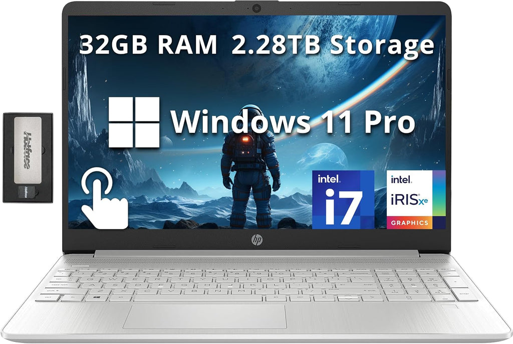 HP 15.6' FHD IPS Touchscreen Laptop, Intel i7-1255U, 32GB RAM, 2.28TB Storage(2TB SSD+288GB Docking Station Set), Intel Iris Xe Graphics, Num Pad, HD Webcam, Fast Charge, Windows 11 Pro, Silver