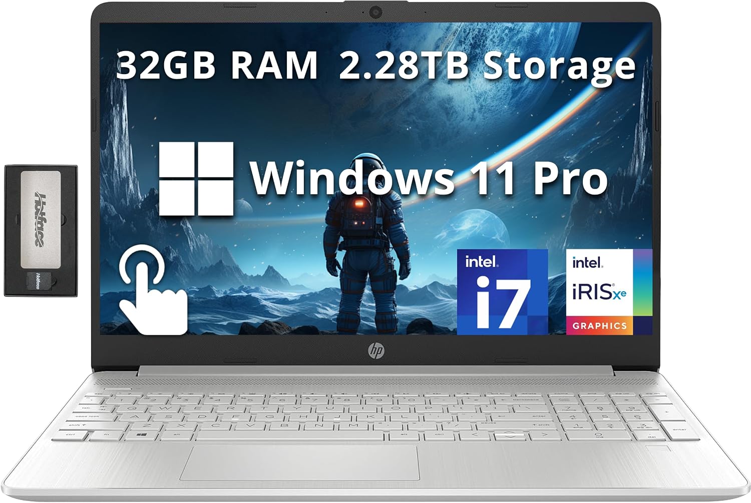 HP 15.6' FHD IPS Touchscreen Laptop, Intel i7-1255U, 32GB RAM, 2.28TB Storage(2TB SSD+288GB Docking Station Set), Intel Iris Xe Graphics, Num Pad, HD Webcam, Fast Charge, Windows 11 Pro, Silver
