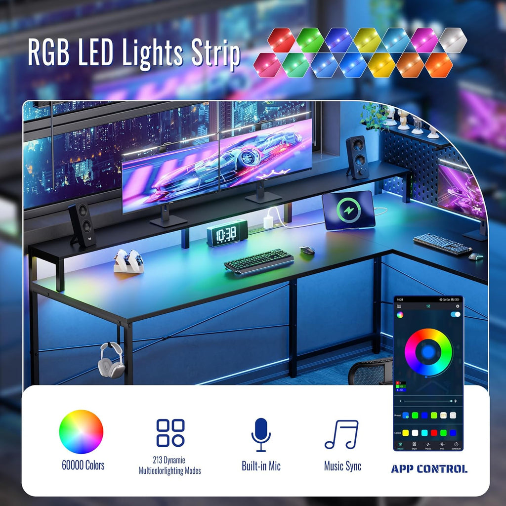 Pamray 64 Inch L Shaped Gaming Desk with Power Outlets and Led Lights, Large Corner Computer Desk with Monitor Stand and Pegboard, PC Table for Home Office and Bedroom Grey
