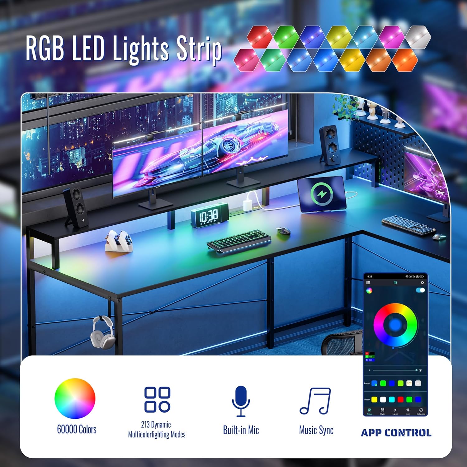 Pamray 64 Inch L Shaped Gaming Desk with Power Outlets and Led Lights, Large Corner Computer Desk with Monitor Stand and Pegboard, PC Table for Home Office and Bedroom Grey