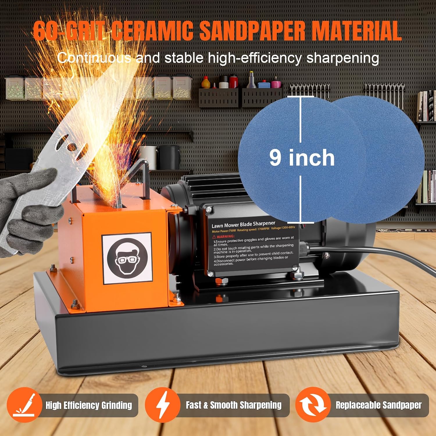 Lawn Mower Blade Sharpener – 1HP 750W Lawnmower Bench Grinder with 9-inch Ceramic Wheel for High/Low Lift, Flat & Gator Blades