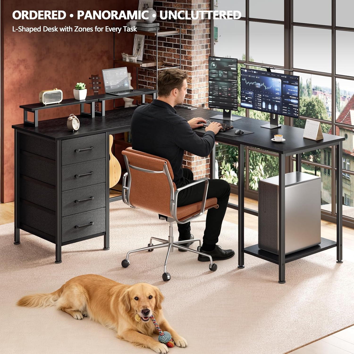 Korfile 59 inch L Shaped Computer Desk with Power Outlets, Home Office Desk with 4 Adjustable Storage Drawers & 2 Monitor Stands, Two Person Gaming Table for Bedroom, Black