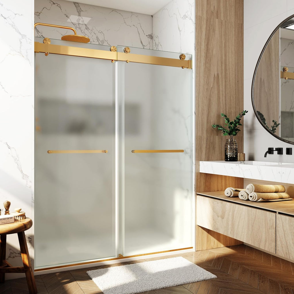 Shower Doors Soft Close 56-60' W x 76' H Ultra-Clear Single Sided Frosted Double Sliding Frameless 3/8'(10mm) Temperedd Glass with Towel Bar Handle (Brushed Gold)