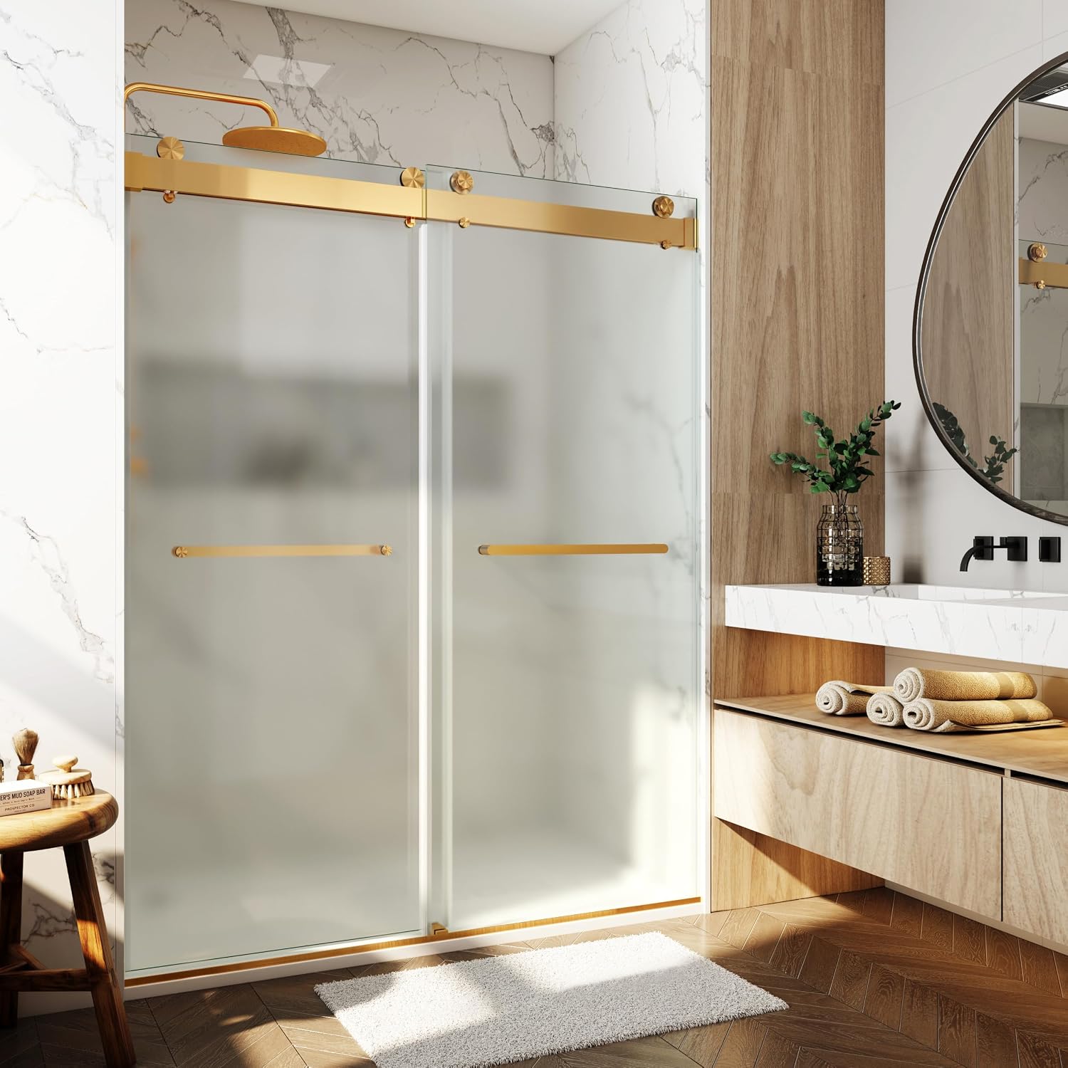 Shower Doors Soft Close 56-60' W x 79' H Ultra-Clear Single Sided Frosted Double Sliding Frameless 3/8'(10mm) Temperedd Glass with Towel Bar Handle (Brushed Gold)