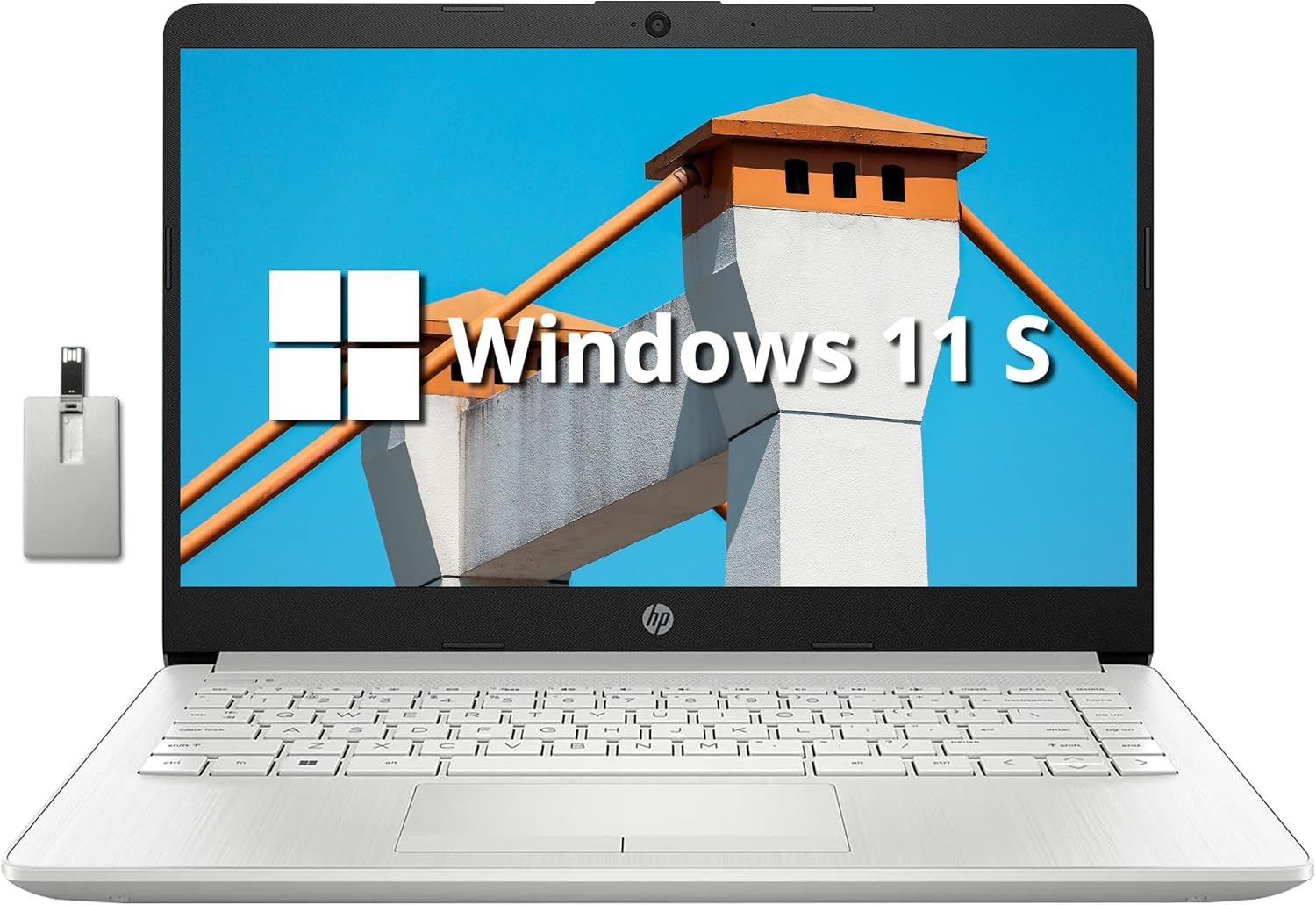 HP Premium Stream 14' HD BrightView Laptop, Intel Celeron N4120, 8GB RAM, 64GB eMMC, Intel UHD Graphics, HD Webcam, 1 Year Office 365, WiFi 5, Bluetooth, Win 11s, Silver, 32GB Hotface USB Card