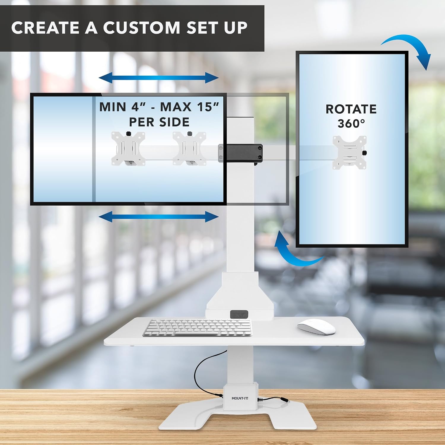 Mount-It! Electric Standing Desk Converter, Motorized Sit Stand Desk Riser with Dual Monitor Mounts, Adjustable Height Ergonomic Workstation with 28' Wide Platform and Tablet/Phone Slot, White