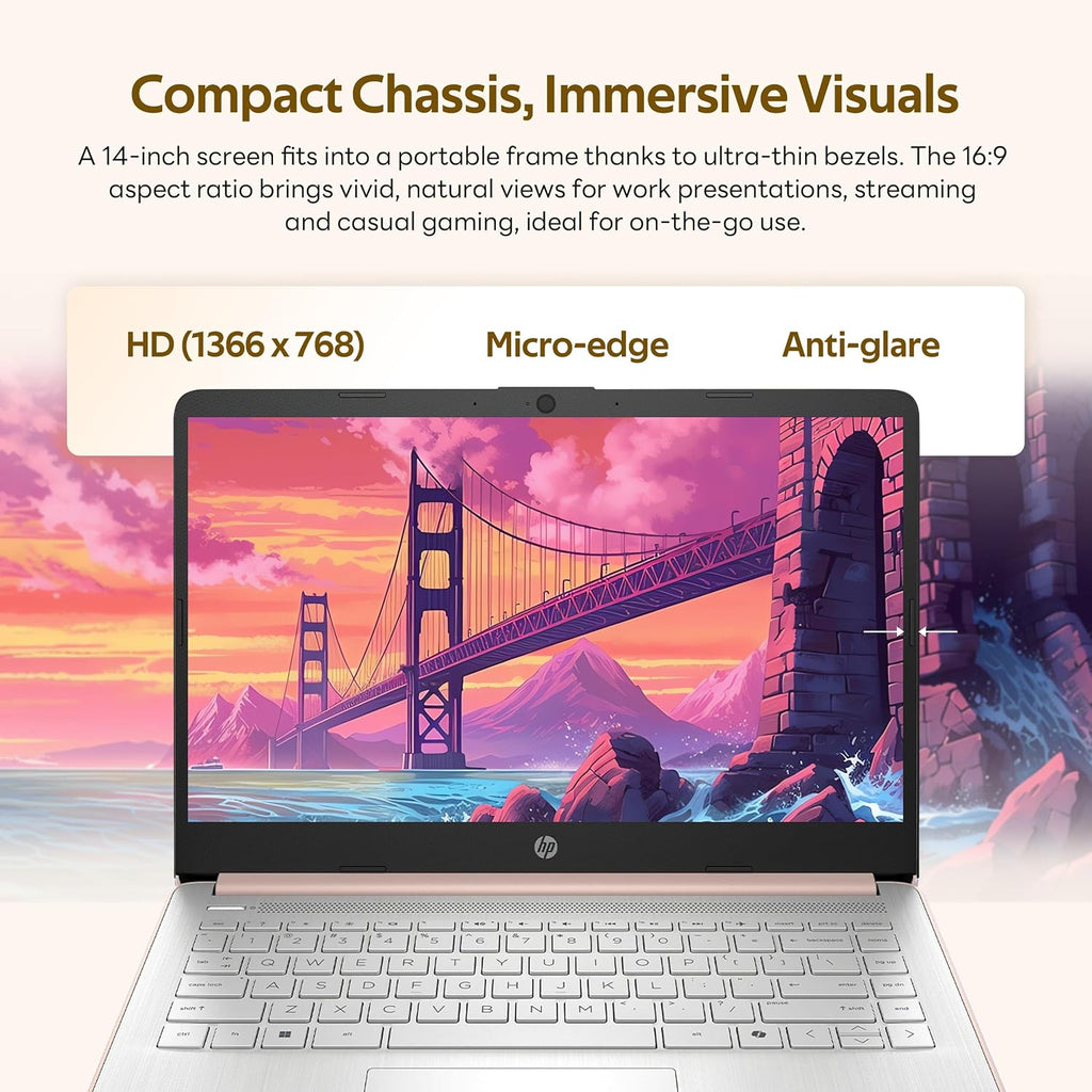 HP Flagship 14' HD Student&Business Laptop with AI Copilot, 13th Gen Intel 4-Core, 16GB RAM, 256GB Storage (128GB UFS + 128GB Docking Station), 1 Year Office 365, 720p Webcam, Win 11, Pale Rose Gold