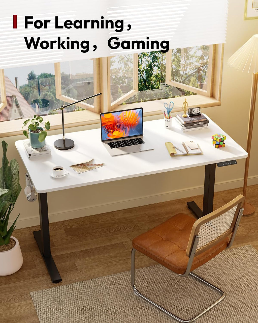 SANODESK Electric Standing Desk 48 x 30 Inches Whole-Piece Desktop Height Adjustable Stand Up Desk w/6-Button Controller Ergonomic Computer Desk for Home Office, Black Frame + White Tabletop