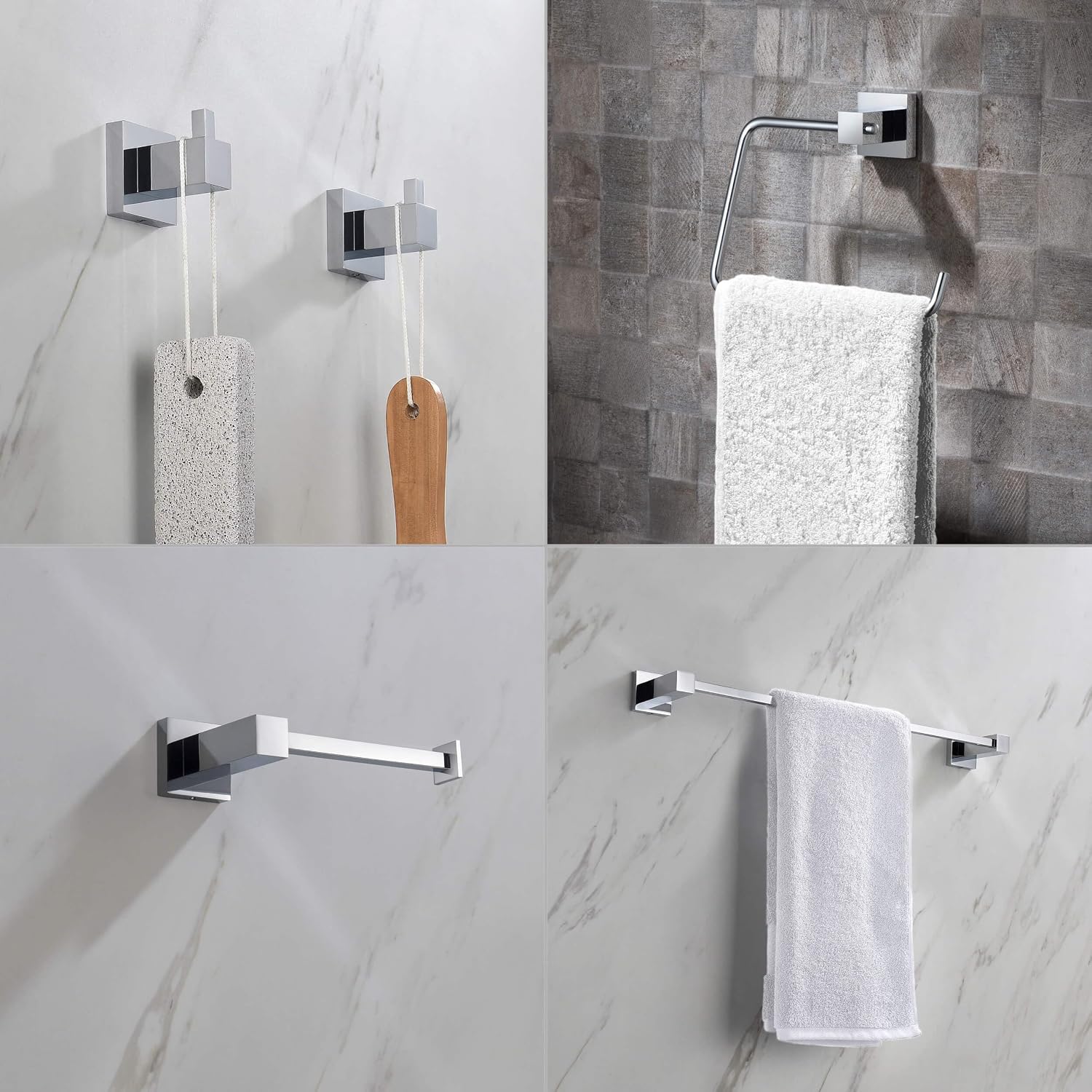 KIBI Cube 5-Piece Brushed Nickel Bathroom Hardware Set, Solid Brass Wall Mount Toilet Paper Holder & Towel Bar Set | Includes 18' Towel Bar, Towel Ring, Toilet Paper Holder & Robe Hooks (C-KBA15-5-3)