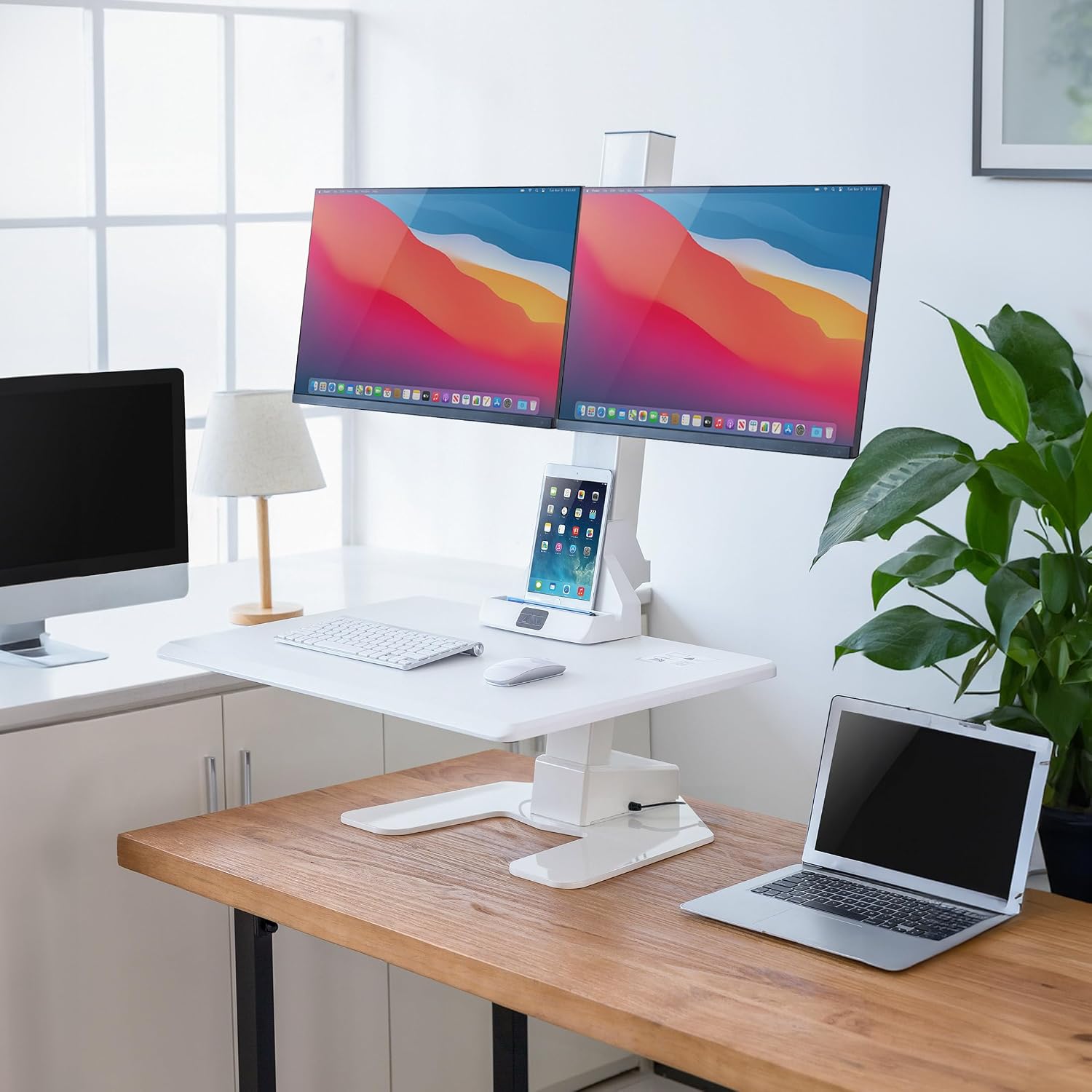 Mount-It! Electric Standing Desk Converter, Motorized Sit Stand Desk Riser with Dual Monitor Mounts, Adjustable Height Ergonomic Workstation with 28' Wide Platform and Tablet/Phone Slot, White