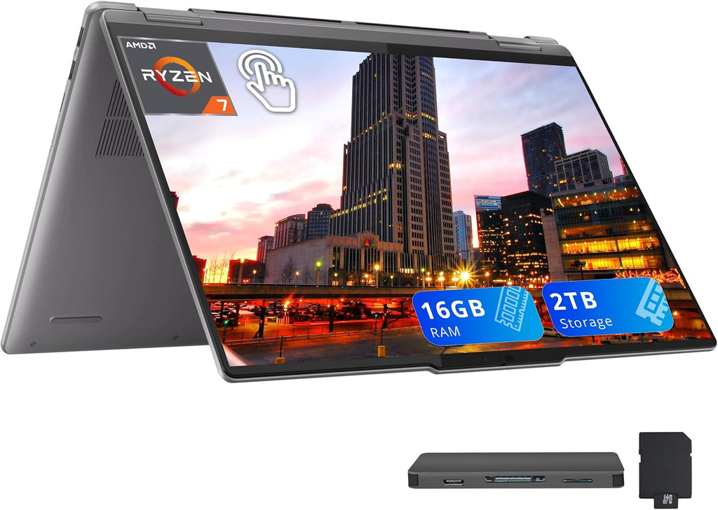 Lenovo Yoga 7 2-in-1 16' 2K Touchscreen Laptop, AMD Ryzen 7 8840HS, 16GB LPDDR5X, 2TB Storage (1TB SSD+1TB Docking Station Set), Backlit Keyboard, Fingerprint, Copilot, FHD Webcam, Win 11, Grey