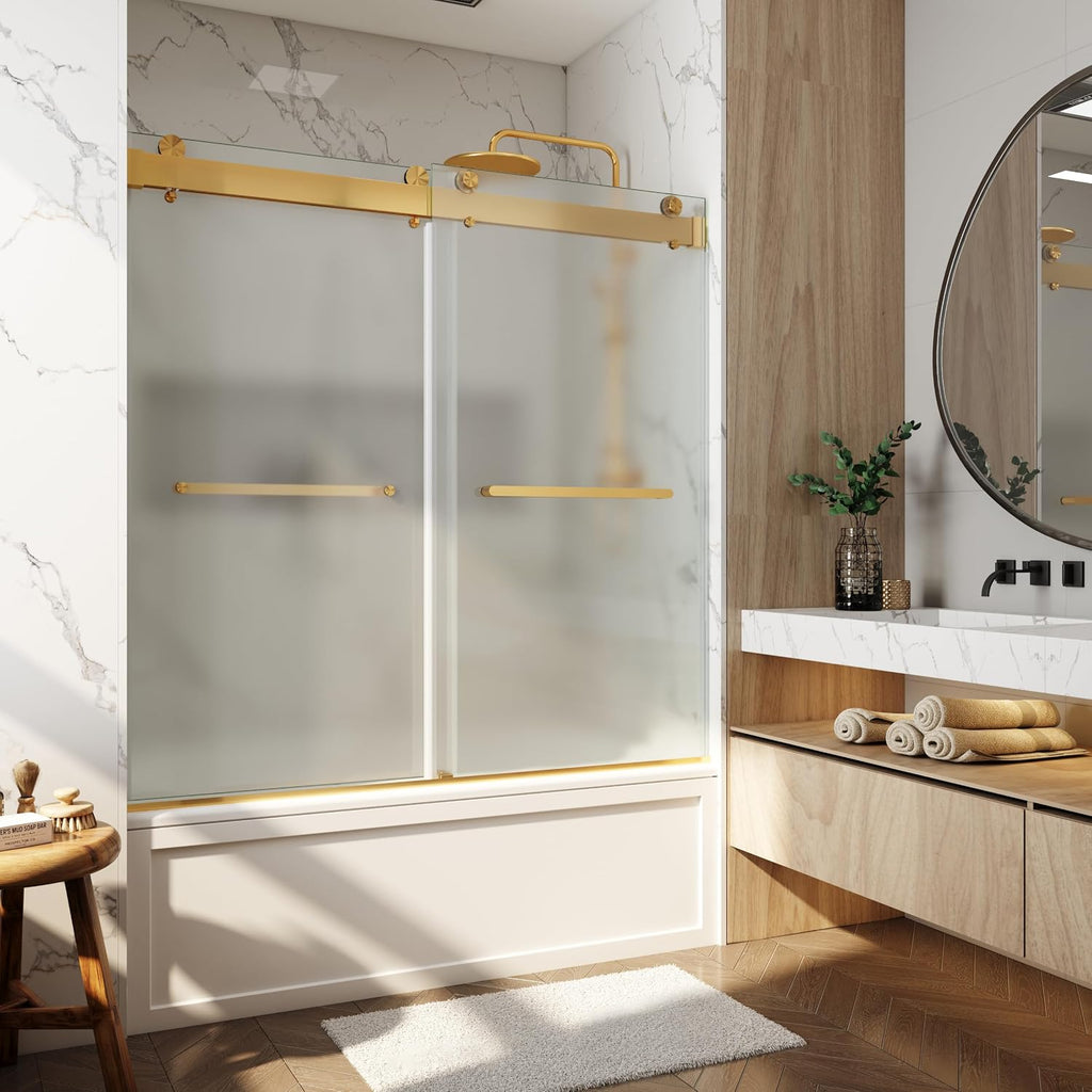 3/8'(10mm) Frosted Glass Bathtub Shower Doors 56-60' W x 79' H Soft Closing System Double Sliding Frameless Towel Bar Handle Stainless Steel Hardware (Brushed Gold)