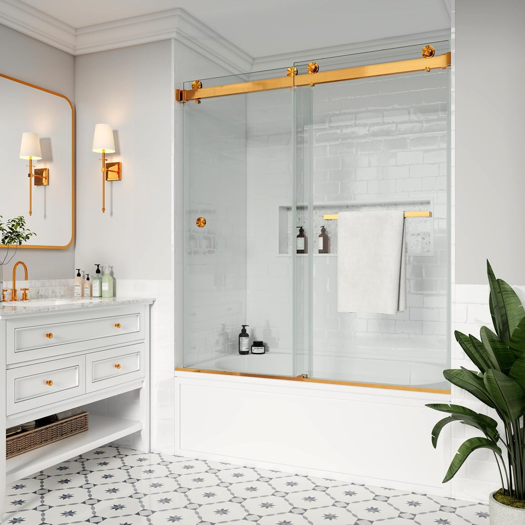 Bathtub Shower Door, 56-61 'W x 66 'H, SGCC Certified 3/8' (10 mm) Clear Tempered Glass, 1 Towel Bar Handle, 1 Finger Pull, Frameless Double Sliding Shower Door,Stainless Steel Brushed Gold Finish