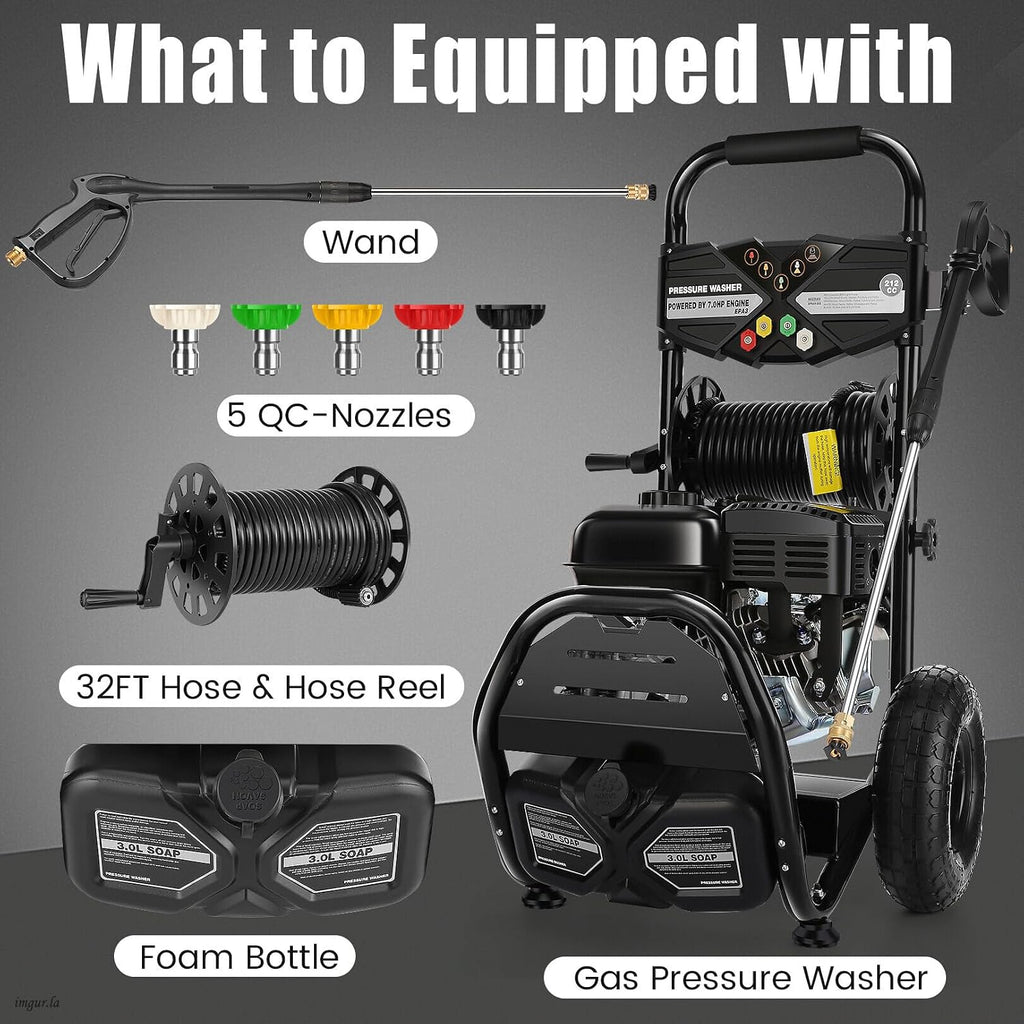 4200PSI Professional Gas Pressure Washer, 4GPM 212CC 7.0 HP 10' Wheels Commercial Gas Power Washer with 3L Foam Bottle 5 Nozzles 32FT Hose for Home Car Fence Driveway (EPA/CARB/ETL Compliant), 77LBS