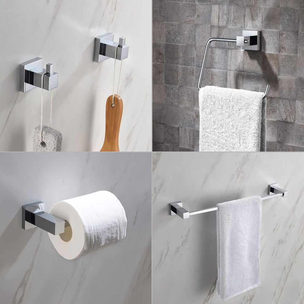 KIBI Cube 5-Piece Brushed Nickel Bathroom Hardware Set, Solid Brass Wall Mount Toilet Paper Holder & Towel Bar Set | Includes 18' Towel Bar, Towel Ring, Toilet Paper Holder & Robe Hooks (C-KBA15-5-3)