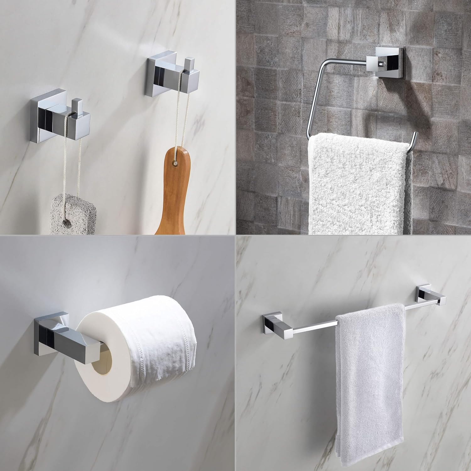 KIBI Cube 5-Piece Brushed Nickel Bathroom Hardware Set, Solid Brass Wall Mount Toilet Paper Holder & Towel Bar Set | Includes 18' Towel Bar, Towel Ring, Toilet Paper Holder & Robe Hooks (C-KBA15-5-3)