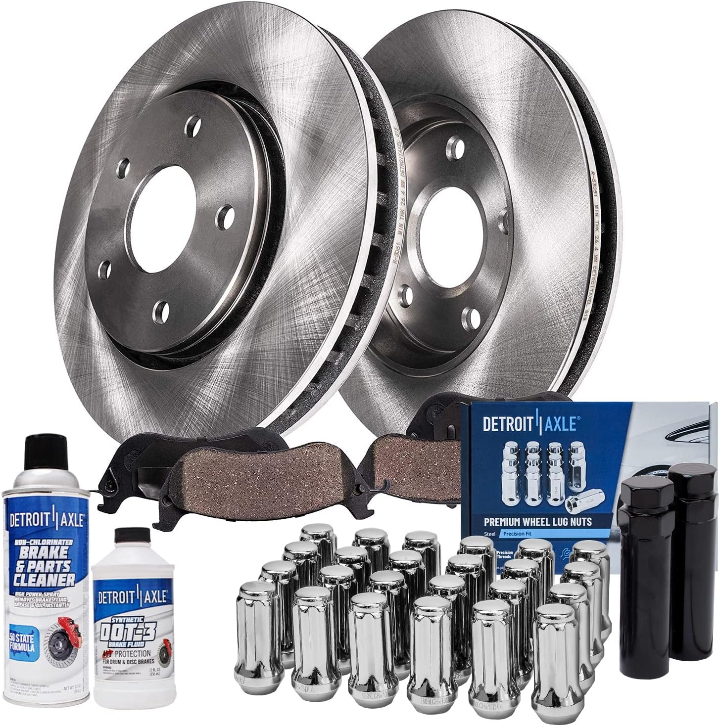 Detroit Axle - 32pc Rear Brake Kit Lug Nuts for Impala Malibu Lacrosse Regal XTS Allure Disc Brake Rotors Brakes Pads 24pc Wheel Lug Nuts w/key Replacement