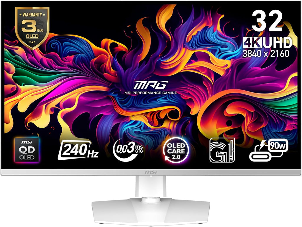 msi MPG 321URXW QD-OLED 31.5 Inch 4K UHD Gaming Monitor - 3840 x 2160 Quantum Dot OLED Panel, 240Hz / 0.03ms, 99% DCI-P3, ΔE≤2, DisplayHDR True Black 400, KVM, RGB - DP 1.4a, HDMI 2.1, USB Type-C 98W