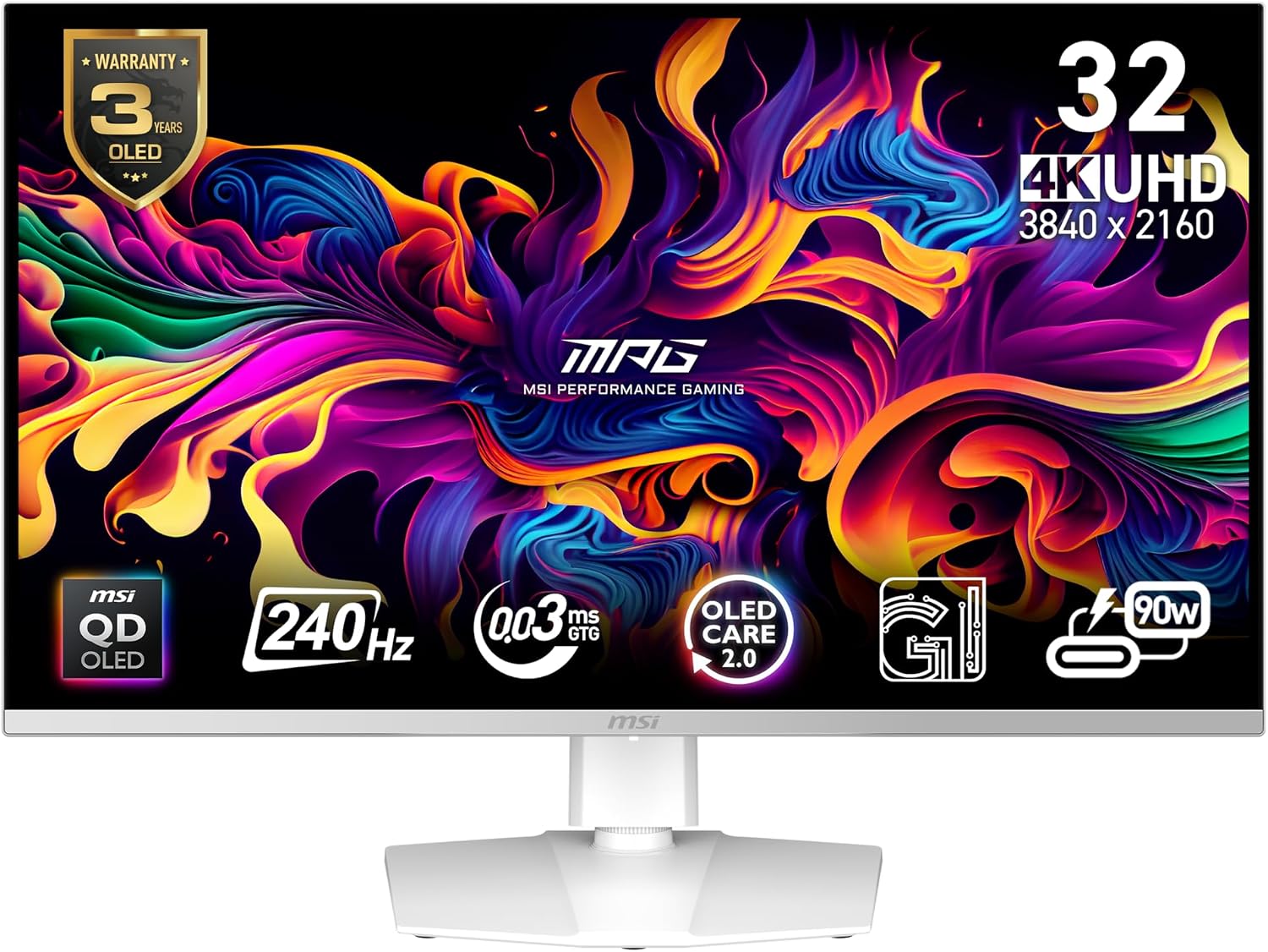 msi MPG 321URXW QD-OLED 31.5 Inch 4K UHD Gaming Monitor - 3840 x 2160 Quantum Dot OLED Panel, 240Hz / 0.03ms, 99% DCI-P3, ΔE≤2, DisplayHDR True Black 400, KVM, RGB - DP 1.4a, HDMI 2.1, USB Type-C 98W