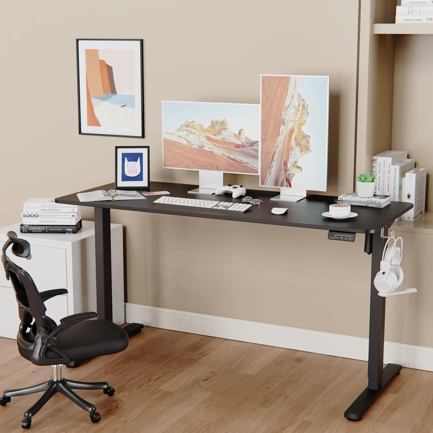 LongKe Electric Standing Desk Adjustable Height, 55x24 Inches Sit Stand up Desktop for Home Office, Ergonomic Rising Computer Table with Memory Preset, Black