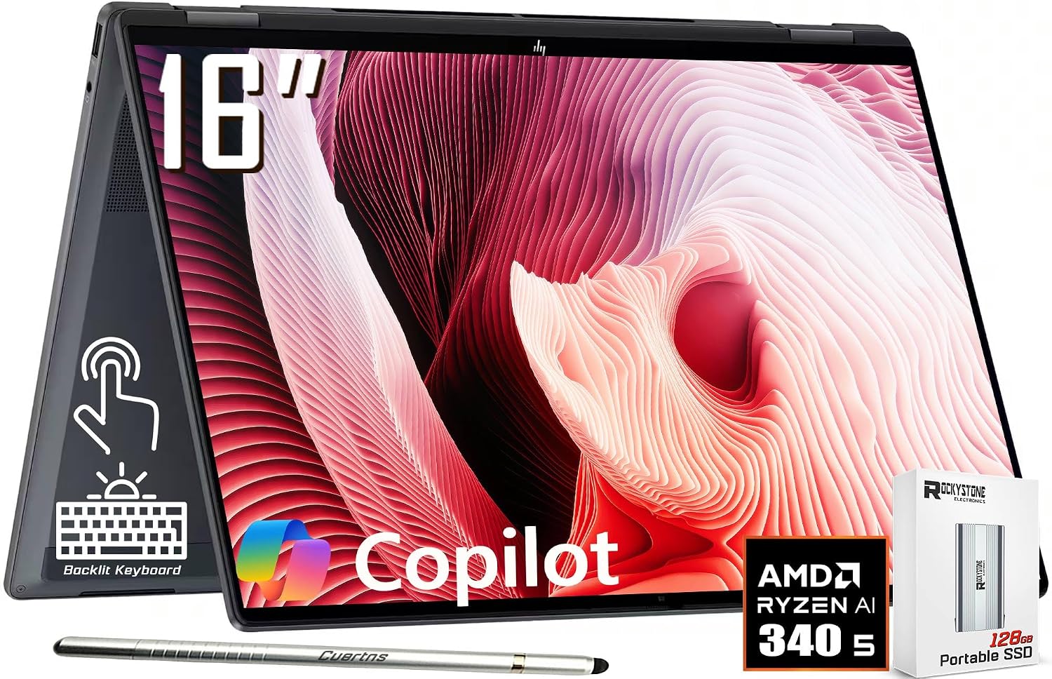 HP OmniBook X Flip 2-in-1 Copilot+ AI PC Laptop, 16' 2K Touchscreen, AMD 6-Core Ryzen AI 5 340(>Intel i5-13420H), 16GB LPDDR5X, 1TB SSD, 5MP IR Webcam, Backlit KB, W/128GB PSD&Stylus, Win11 Home