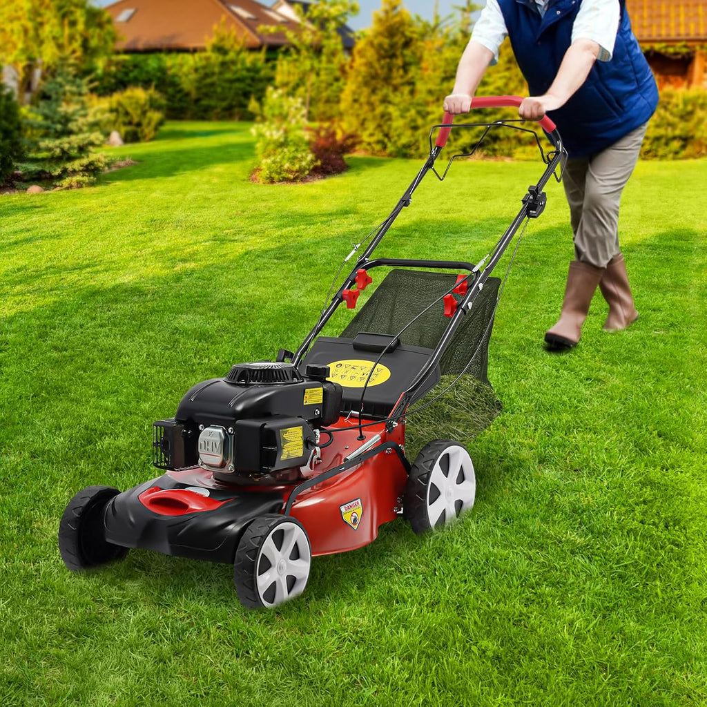 20inch Gas Powered Lawn Mower w/Grass Collecting Bag 173CC 4-Stroke Self Propelled Walk Behind Push Mower,3 in 1 Engine 8 Gear Adjustable Heights 8' Front & 10' Rear Wheel,for Yards Planting Weeding