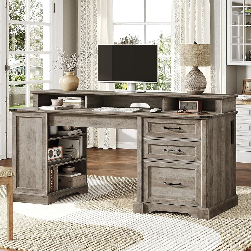 RALGEND 55'' Farmhouse Executive Desk with Drawers, Home Office Desk with File Cabinet and Storage Shelf, Charging Station, Computer Desk with Monitor Stand, Writing Gaming Desk, Greige