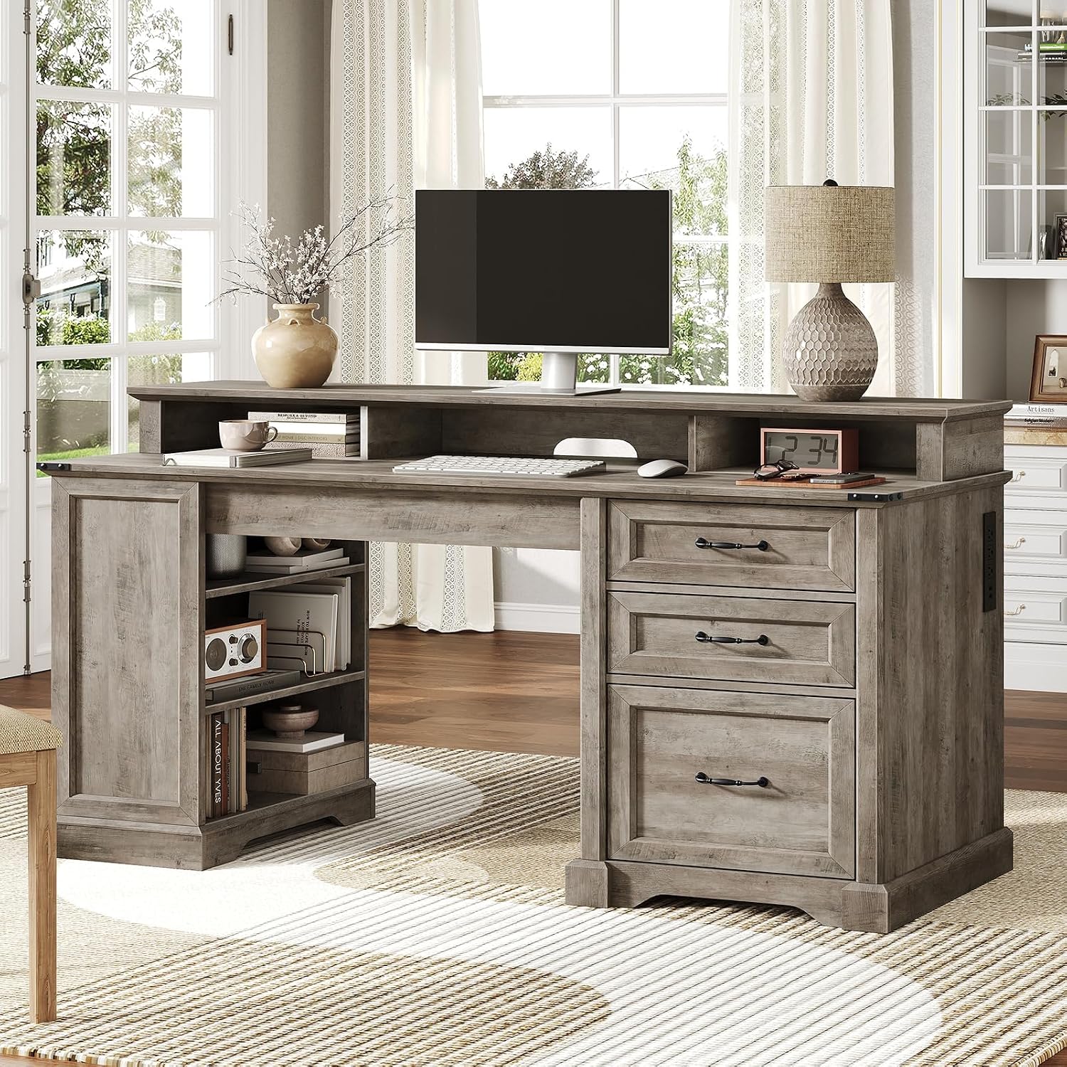 RALGEND 55'' Farmhouse Executive Desk with Drawers, Home Office Desk with File Cabinet and Storage Shelf, Charging Station, Computer Desk with Monitor Stand, Writing Gaming Desk, Greige