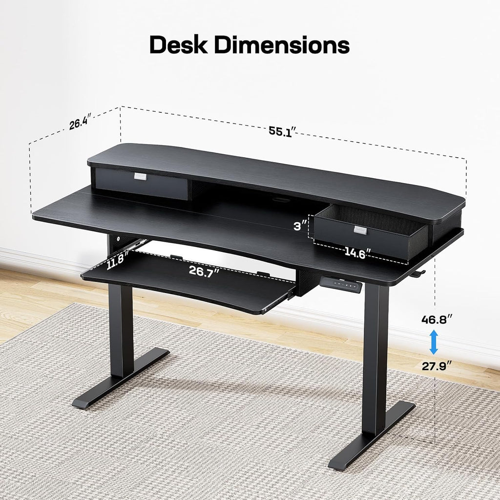 HUANUO 55' x 26' Electric Standing Desk with 2 Drawers & 26.7' Large Keyboard Tray, C-Clamp Mount Compatible, Adjustable Computer Desk for Home Office, Stand Up Desk with 4 Height Presets, Black