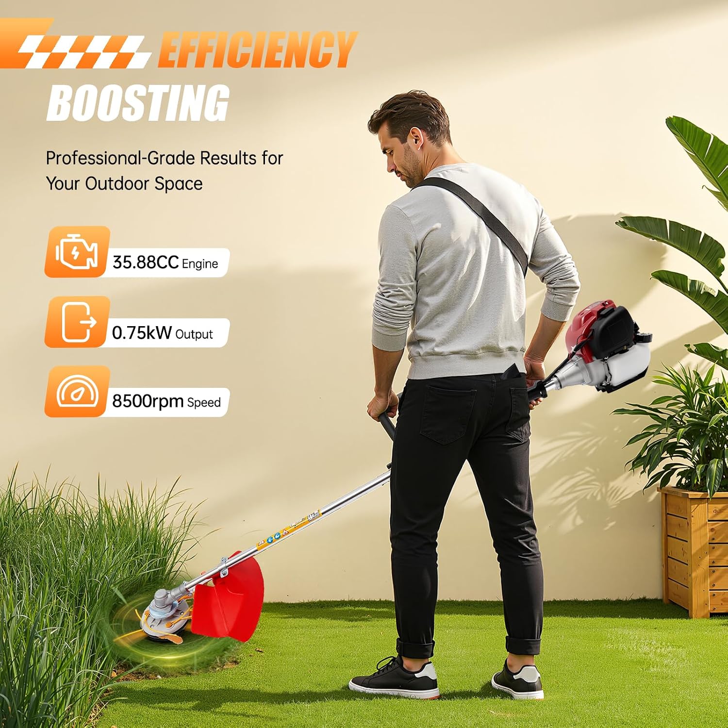 Gas Weed Wacker, 35.88CC 750W 4-Stroke Gasoline Weed Eater 8500RPM High Speed Lawn Mower with 2 Blade Heads, Portable Single-Cylinder Brush Cutter Grass Trimmer Tool for Home Garden Lawn Mowing