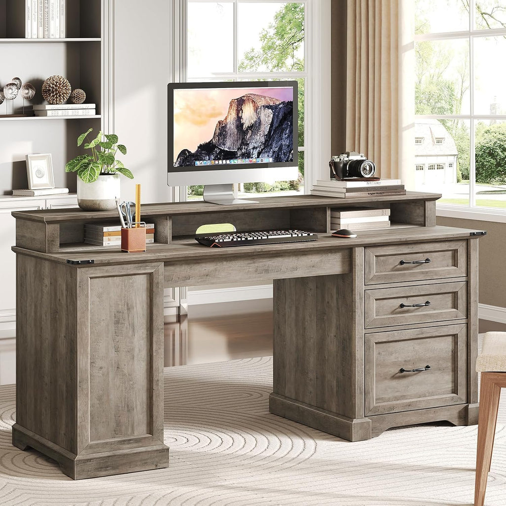 RALGEND 2 Pack 55'' Farmhouse Executive Desk with Drawers, Computer Desk with File Cabinet and Side Bookshelf, Writing Gaming Desk with Monitor Stand, Greige