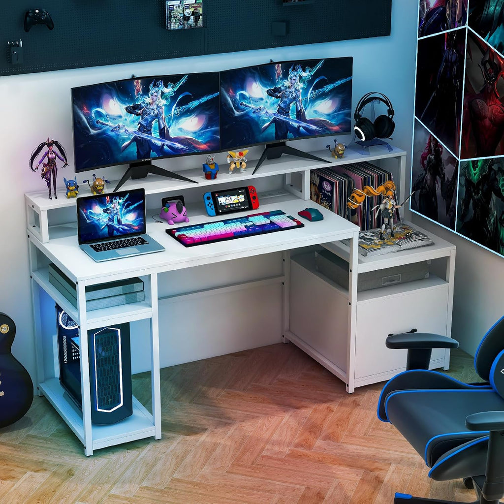 Tangkula Computer Desk with Power Outlets, 66' Computer Workstation with Monitor Stand, CPU Stand, Printer Shelf & File Drawer, Writing Table Gaming Desk for Home Office (White)