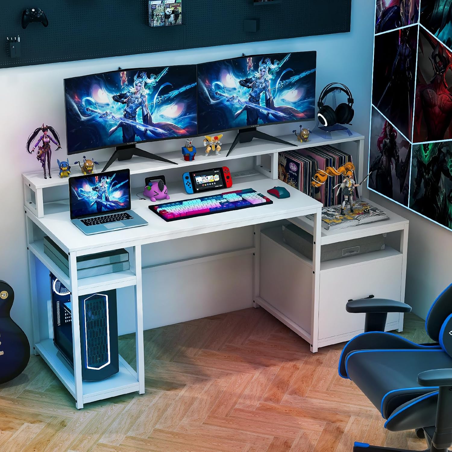 Tangkula Computer Desk with Power Outlets, 66' Computer Workstation with Monitor Stand, CPU Stand, Printer Shelf & File Drawer, Writing Table Gaming Desk for Home Office (White)