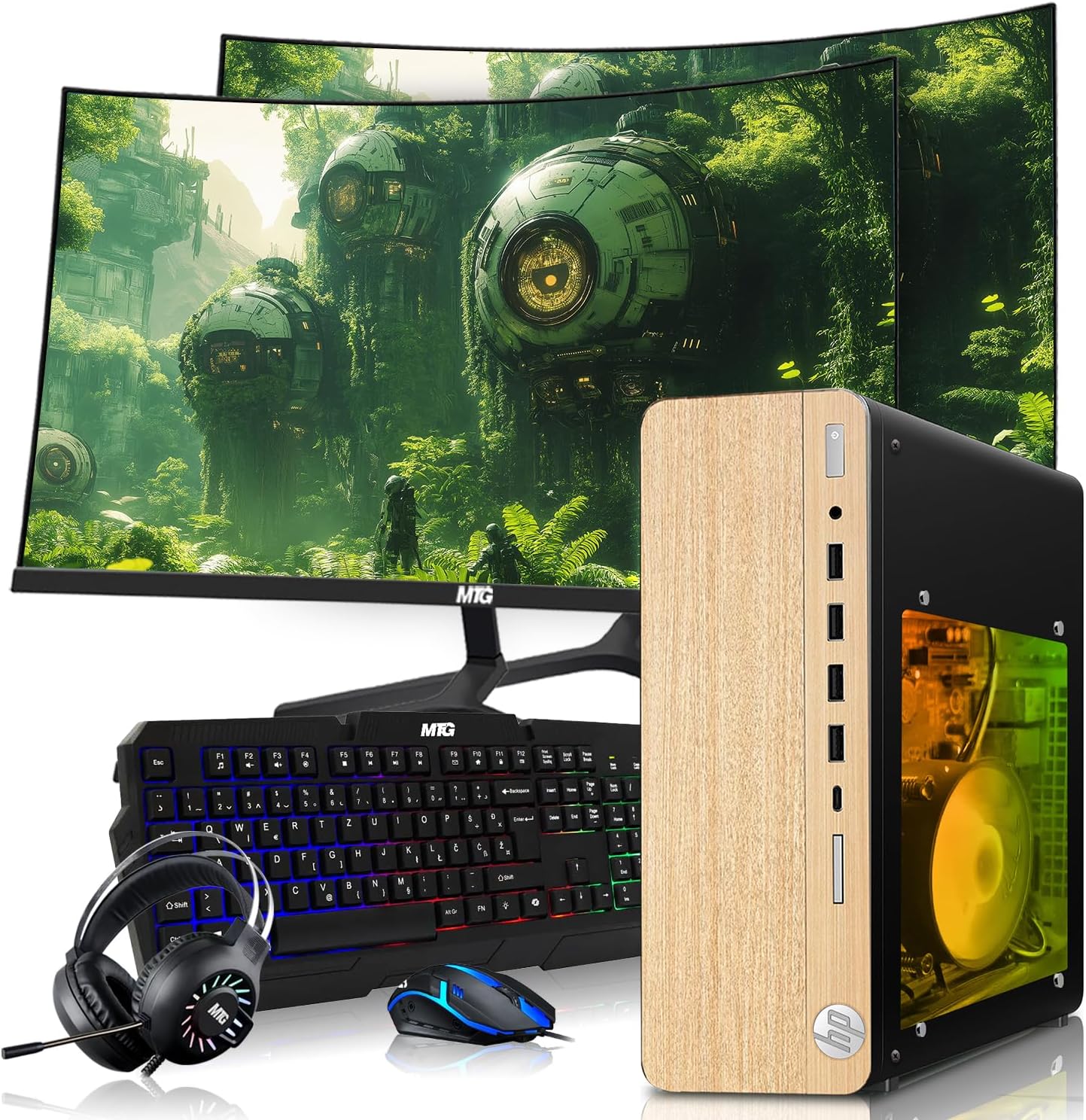HP Full Light Gaming PC Desktop Computer – AMD Pro A10-9700,RX 550 Graphics,16GB RAM,1TB SSD,Dual 32 Inch Curved Monitor,RGB Keyboard with AI Copilot,Mouse,WiFi,RGB Headphone,Windows 11(Renewed)