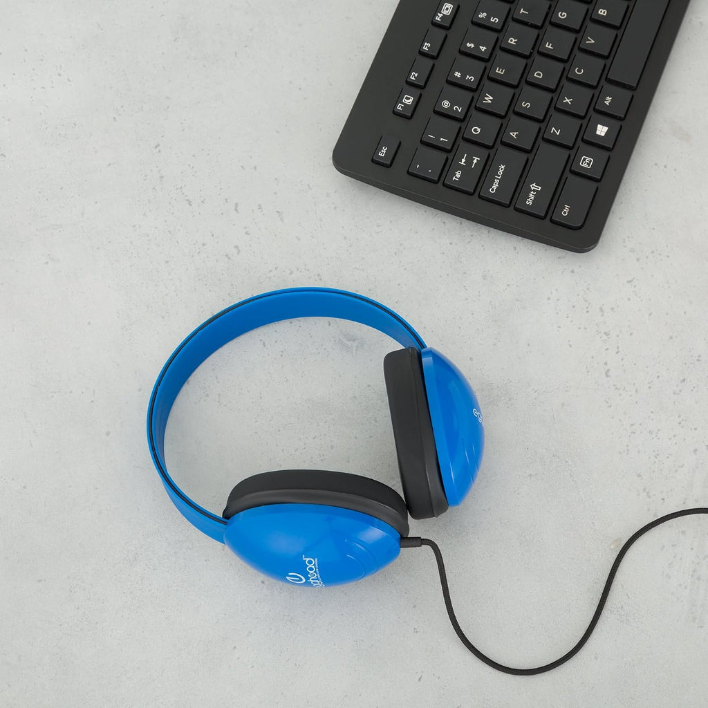 Egghead Heavy-Duty Kids' Headphones with Padded Ear Cups and 6' Cord, Adjustable Tangle-Free Plastic Classroom Headphones for Kids, Blue (Pack of 40)