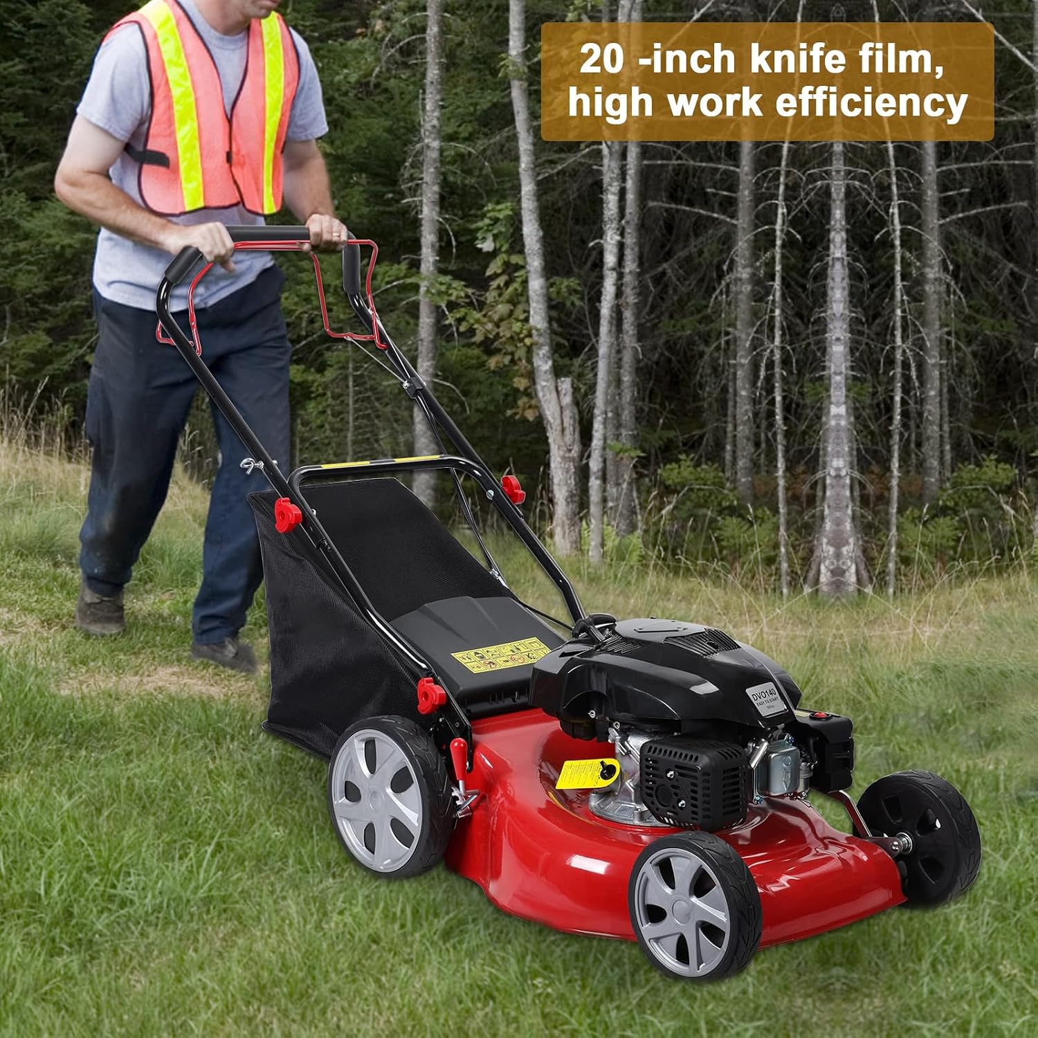 Lawn Mower Weed Wacker Weed Eater, Self-Propelled Cordless Lawn Mower, 141cc Gas Engine Grass Trimmer, Push String Trimmer with 50L Grass Tank, Big Wheels Red