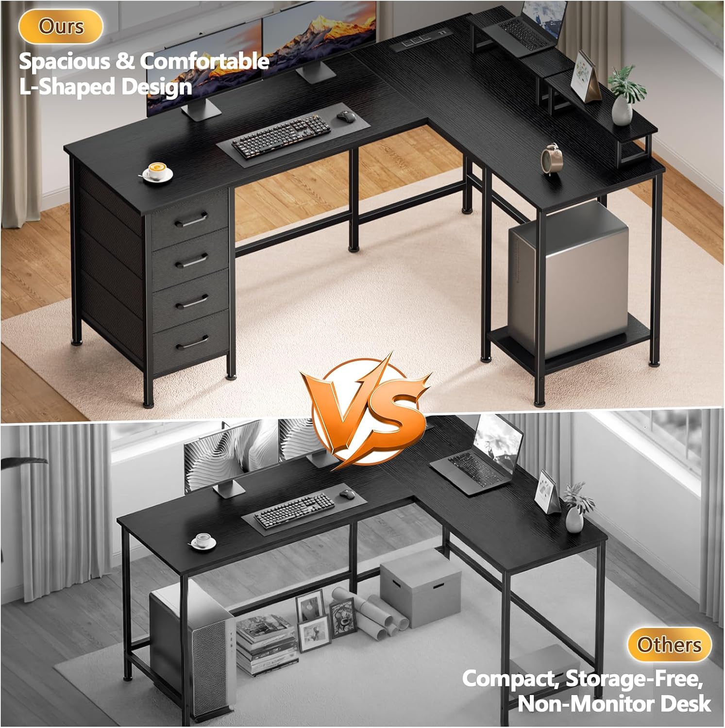 Korfile 59 inch L Shaped Computer Desk with Power Outlets, Home Office Desk with 4 Adjustable Storage Drawers & 2 Monitor Stands, Two Person Gaming Table for Bedroom, Black