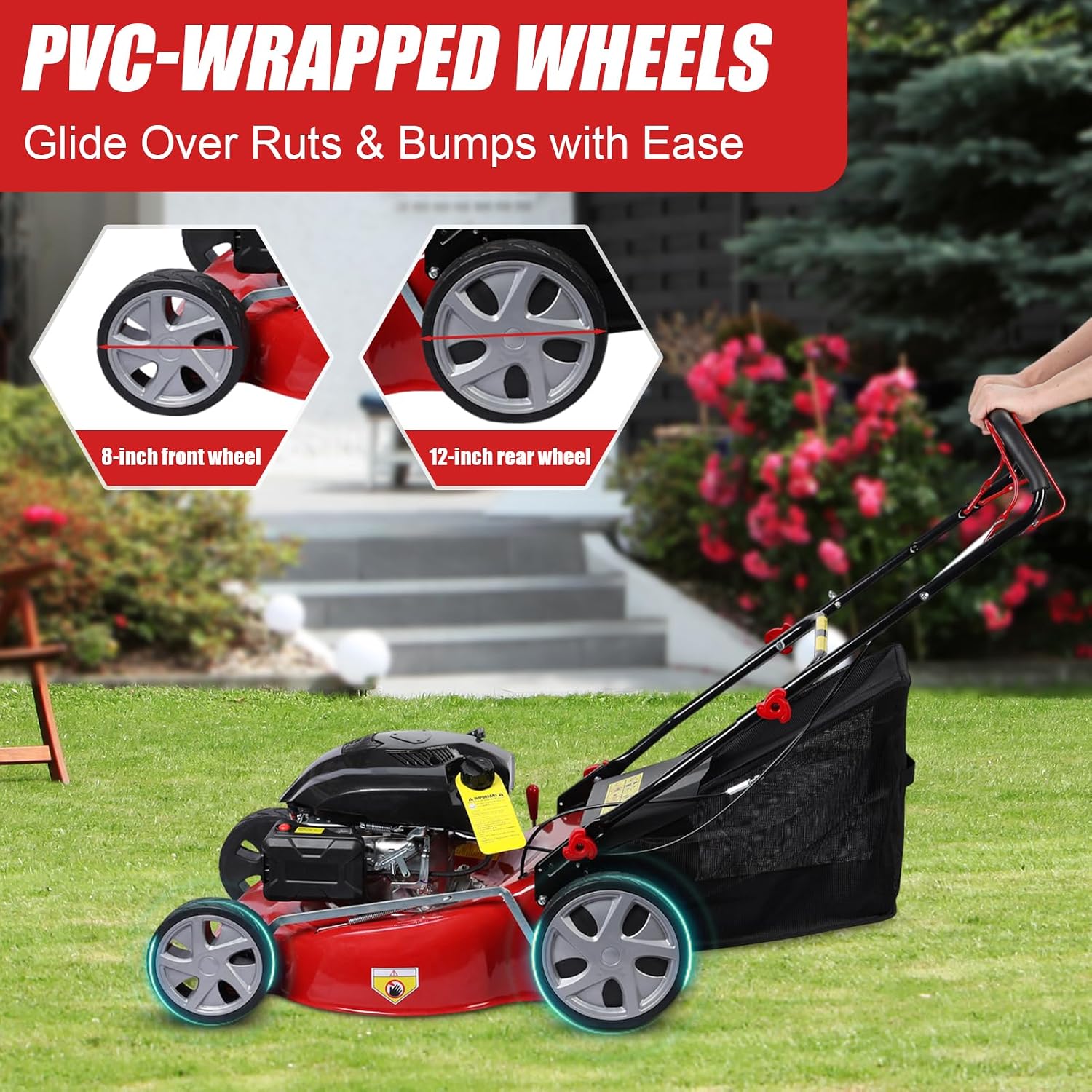 Self Propelled Gas Lawn Mower, 141cc 4-Stroke Push Lawn Mower, 20 Inches Walk-Behind Lawn Mowers, Cordless Lawn Mowers Manual Lawn Mowers with 50L Grass Tank ＆ Big Wheels for Home, Yard, Gard