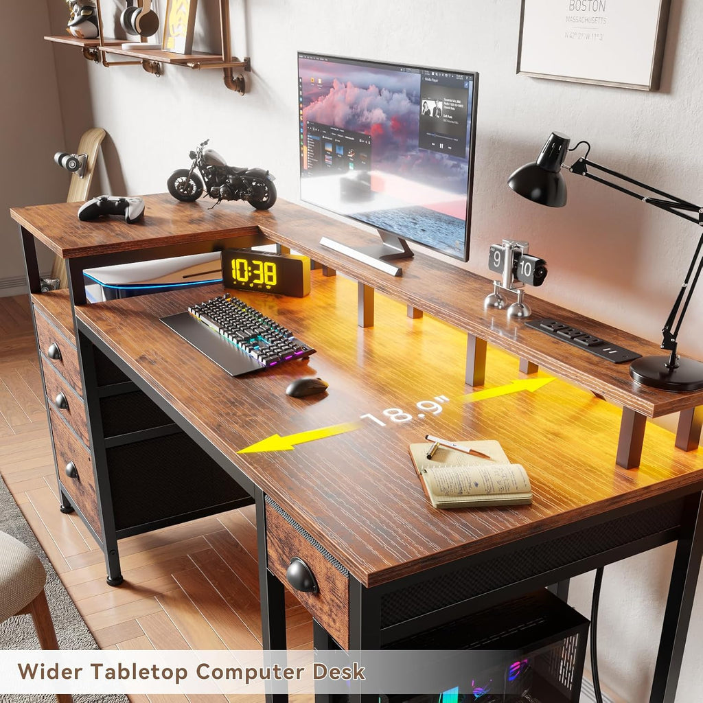 Furologee 60' Computer Desk with File Cabinet and Storage Shelves, Reversible Home Office Desk with LED Lights, Full Monitor Stand, Power Outlets, Study Gaming Table with 4 Drawers, Rustic Brown