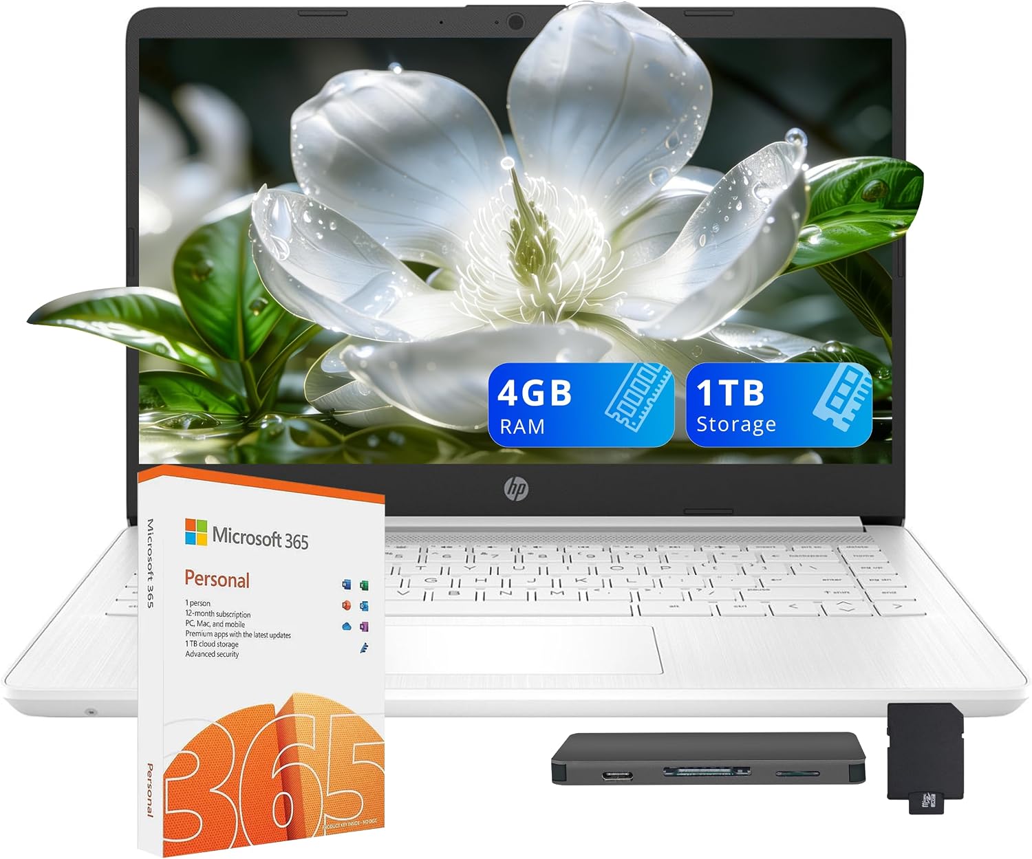 HP Stream 14' HD Business Laptop, Intel Celeron N4120, 4GB RAM, 1TB Storage (64GB eMMC + 1TB Docking Station Set), Intel UHD Graphics, 720p Camera, Wi-Fi, 1 Year Office 365, Win 11 Home, White
