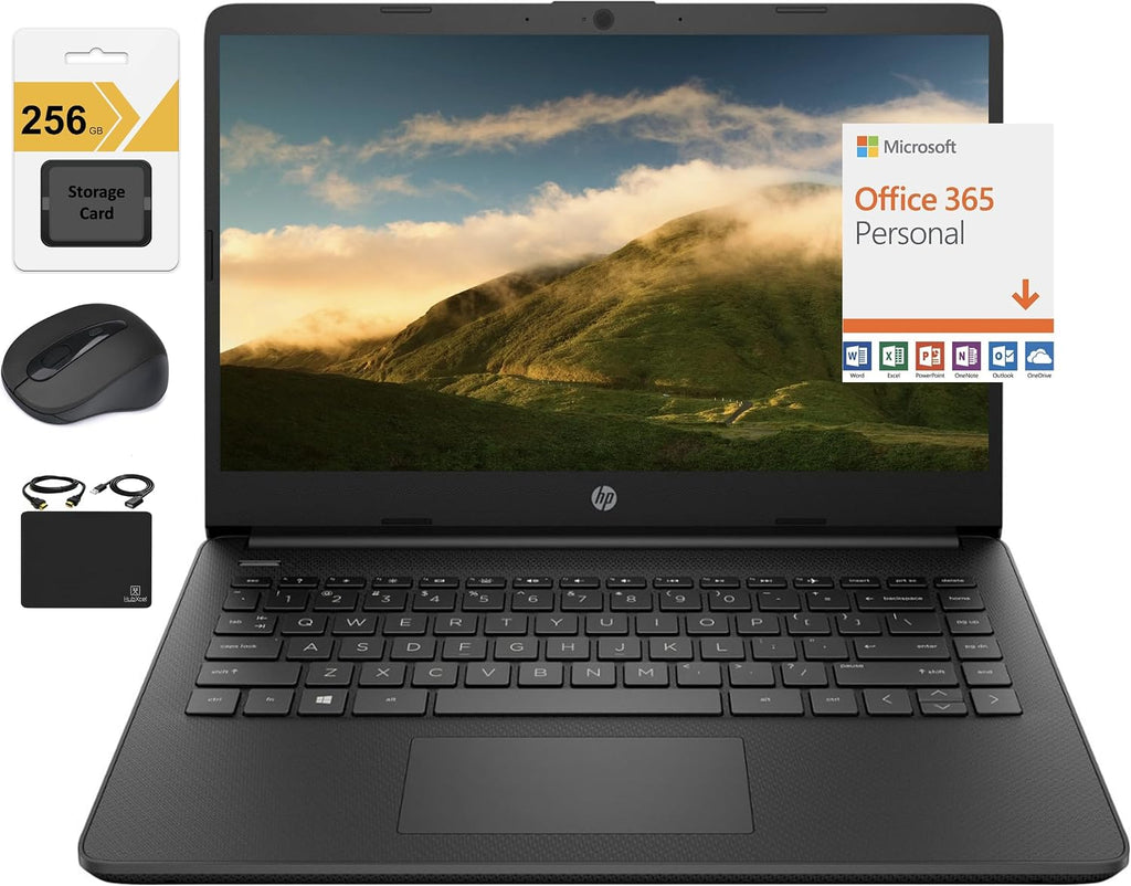 HP New 14' HD Ultra Light Thin Laptop, Quad-Core Intel Celeron Processor, 16GB RAM, 320GB (64GB eMMC+ 256GB Card), Wi-Fi, Upto 11 Hours, Windows 11 S + 1 Year Office 365+HubxcelAccessory, Black