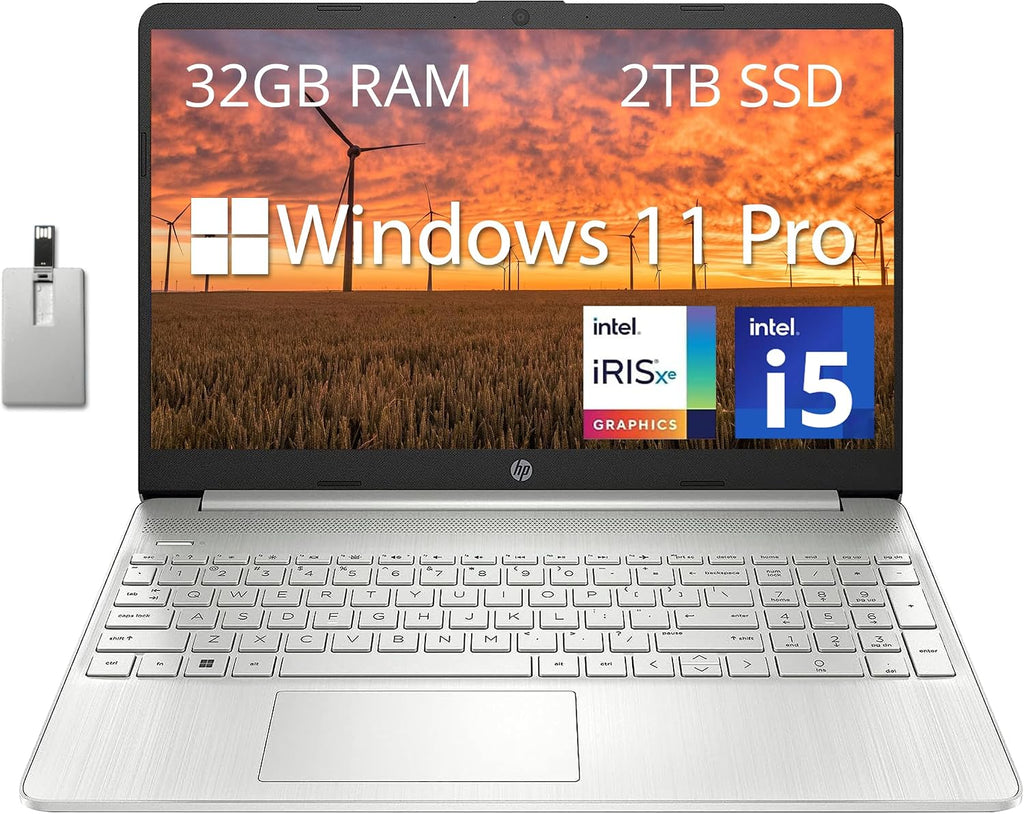 HP 15.6' FHD Laptop for Business & Students, Intel i5-1135G7, 32GB RAM, 2TB PCIe SSD, Iris Xe Graphics, Numeric Keypad, True Vision HD Camera, Wi-Fi 6, Win 11 Pro, Silver, 32GB Hotface USB Card