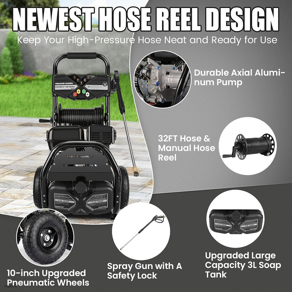4200PSI Professional Gas Pressure Washer, 4GPM 212CC 7.0 HP 10' Wheels Commercial Gas Power Washer with 3L Foam Bottle 5 Nozzles 32FT Hose for Home Car Fence Driveway (EPA/CARB/ETL Compliant), 77LBS