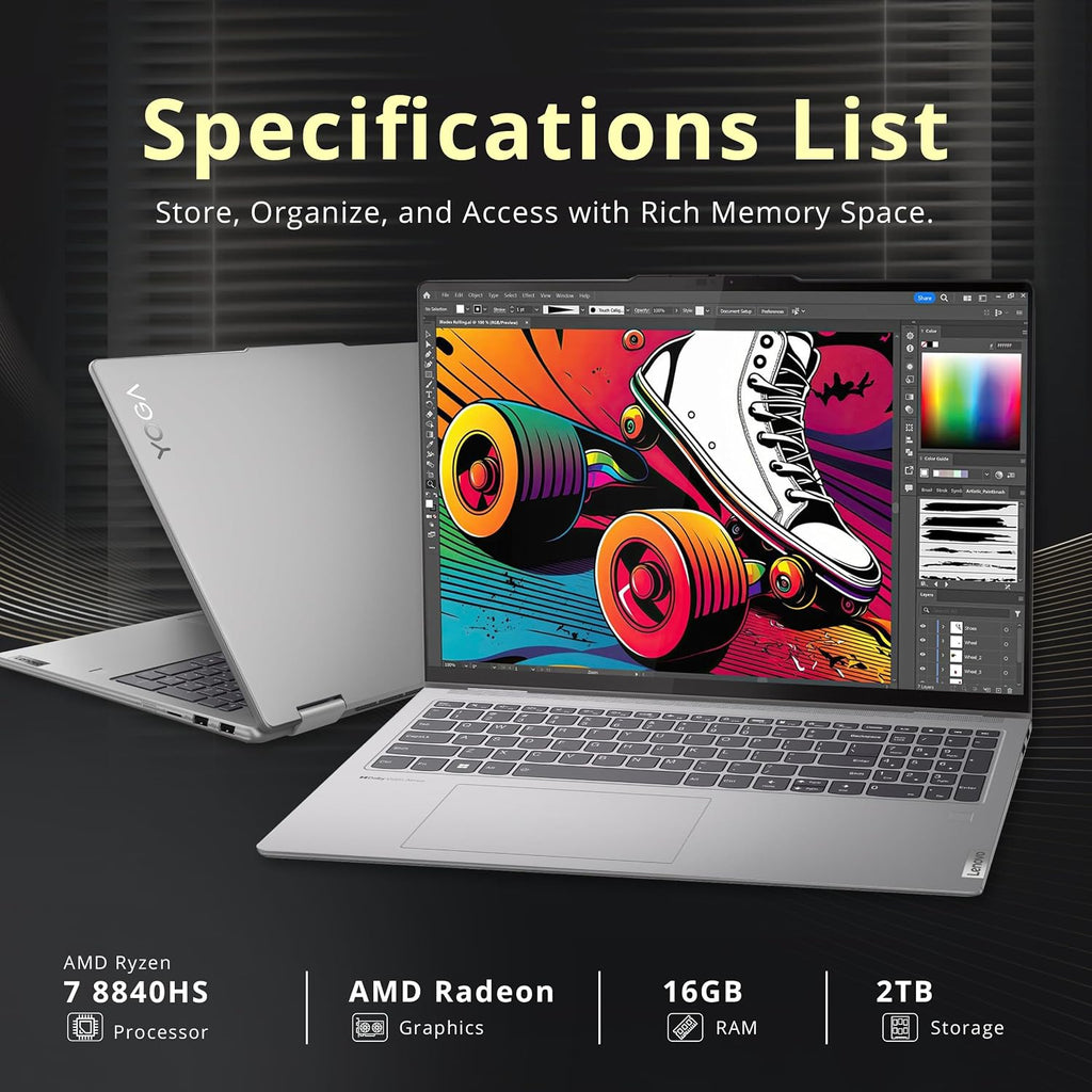 Lenovo Yoga 7 2-in-1 16' 2K Touchscreen Laptop, AMD Ryzen 7 8840HS, 16GB LPDDR5X, 2TB Storage (1TB SSD+1TB Docking Station Set), Backlit Keyboard, Fingerprint, Copilot, FHD Webcam, Win 11, Grey