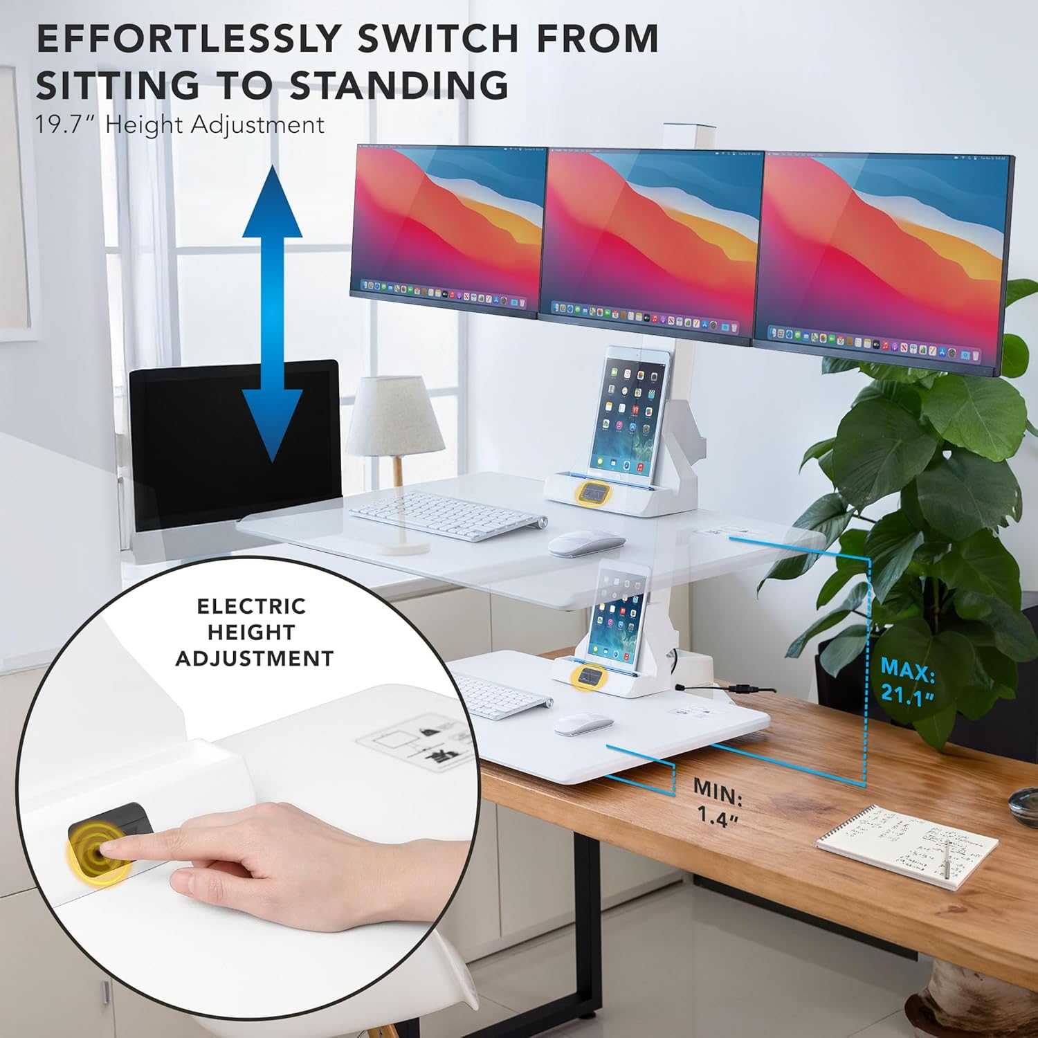 Mount-It! Triple Monitor Electric Standing Desk Converter - 3 Monitor Standing Desk is Height Adjustable, Sit-Stand Converting Desk for Home, Office Monitor Mounts Fits Screens up to 32' White