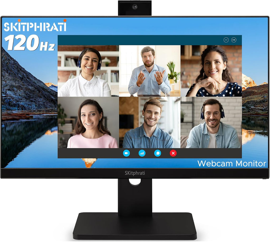SKitphrati 23.8' Business Webcam Gaming Monitor, 1080P IPS 120HZ, Video Conference Monitor - Built-in Adjustable 3MP Webcam, Mic Array, Speakers, Eye Care, Frameless, HDMI, DP, VGA, USB 2.0